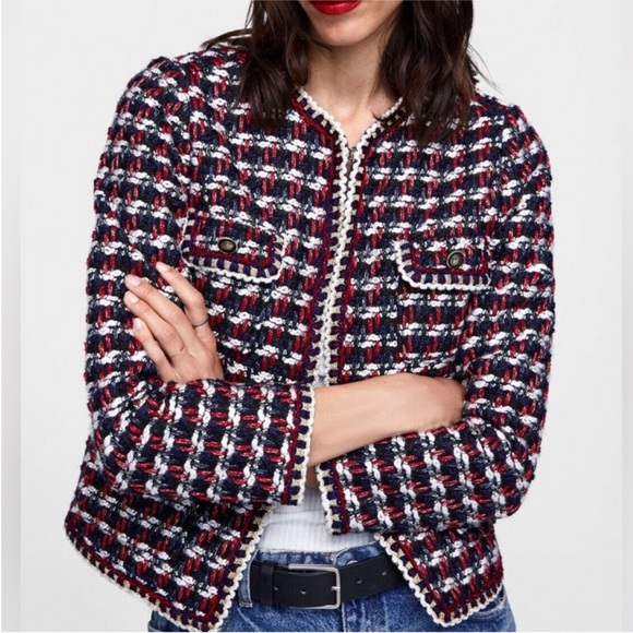 Zara Jackets & Blazers - Zara Navy, Red & White Tweed Cropped Blazer